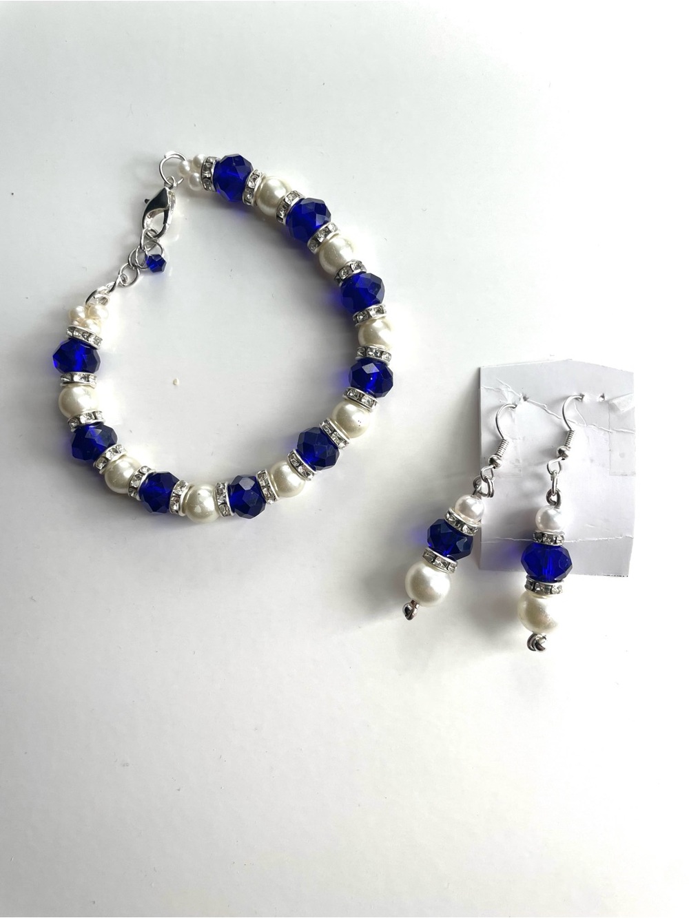 Bracelet and Earrings Set Handmade Elegant Blue Glass & Faux Pearl